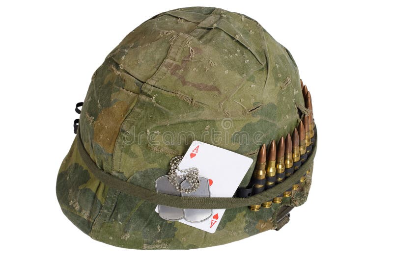 US Army Helmet Vietnam War Period with Camouflage Cover and Ammo Belt ...