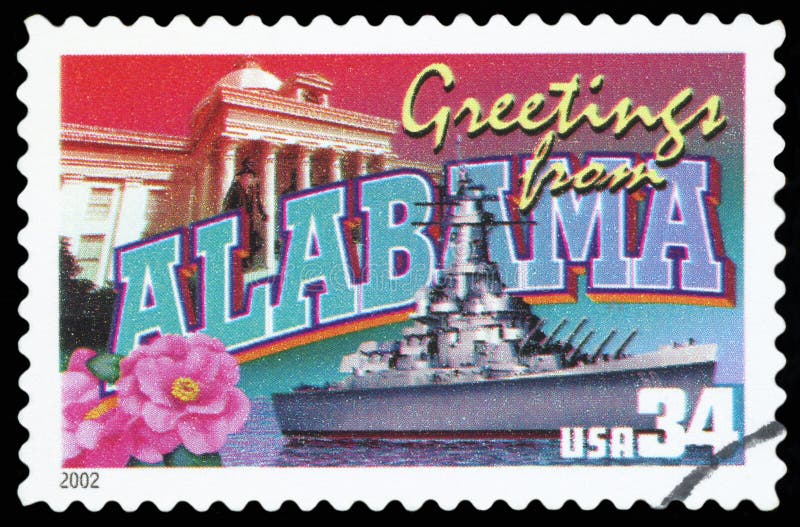 UNITED STATES - CIRCA 2002: a postage stamp printed in USA showing an image of the Alabama state, circa 2002. UNITED STATES - CIRCA 2002: a postage stamp printed in USA showing an image of the Alabama state, circa 2002.