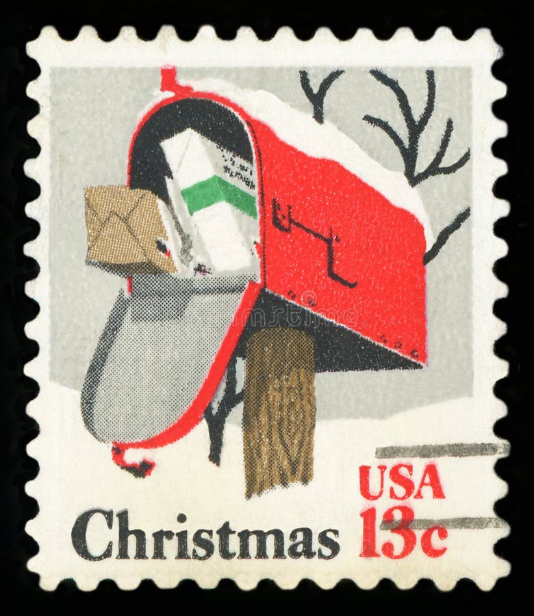 US Postage stamp - Open Christmas mailbox. US Postage stamp - Open Christmas mailbox