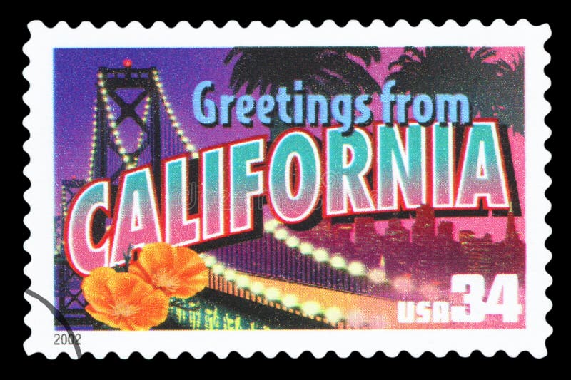 UNITED STATES OF AMERICA â€“ CIRCA 2002: A postage stamp printed in USA showing an image of California state, circa 2002.  Isolated on black background. UNITED STATES OF AMERICA â€“ CIRCA 2002: A postage stamp printed in USA showing an image of California state, circa 2002.  Isolated on black background