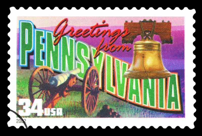 UNITED STATES OF AMERICA - CIRCA 2002: a postage stamp printed in USA showing an image of the Pennsylvania state, circa 2002.  Isolated on black background. UNITED STATES OF AMERICA - CIRCA 2002: a postage stamp printed in USA showing an image of the Pennsylvania state, circa 2002.  Isolated on black background