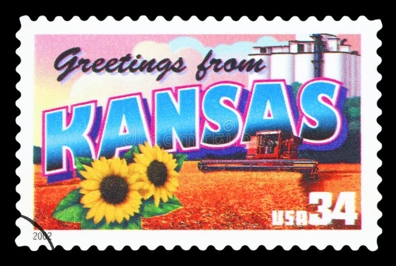 UNITED STATES OF AMERICA - CIRCA 2002: a postage stamp printed in USA showing an image of the Kansas state, circa 2002. UNITED STATES OF AMERICA - CIRCA 2002: a postage stamp printed in USA showing an image of the Kansas state, circa 2002.