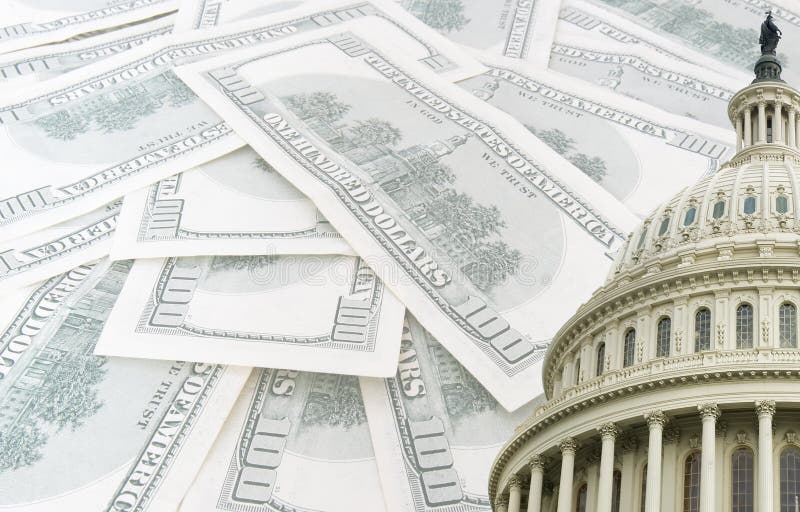 Us capitol on 100 dollars banknotes background