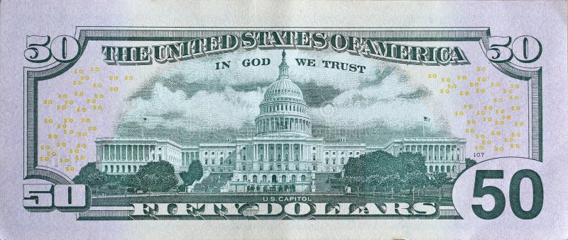 US Capitol on 50 dollars banknote back side closeup macro fragment. United states fifty dollars money bill