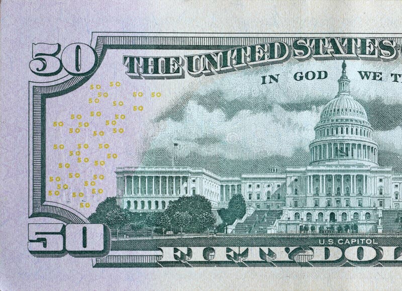 back side of 50 dollar bill, American money close-up with portrait