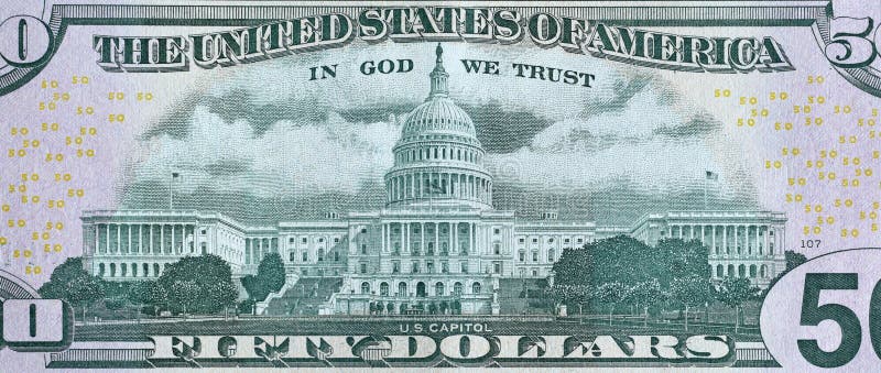 US Capitol on 50 dollars banknote back side closeup macro fragment. United states fifty dollars money bill