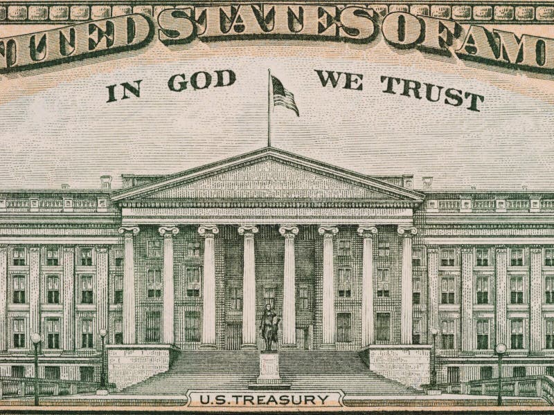 US Department of the Treasury from the reverse of ten dollar bill, united states money closeup stock image US Department of the Treasury from the reverse of ten dollar bill, united states money closeup stock image