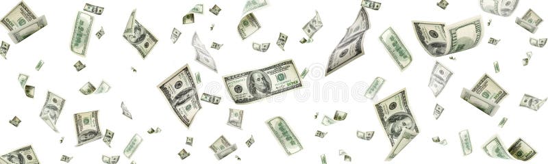 Us dollar. American money, falling cash. Flying hundred dollars. Isolated. Place for your text