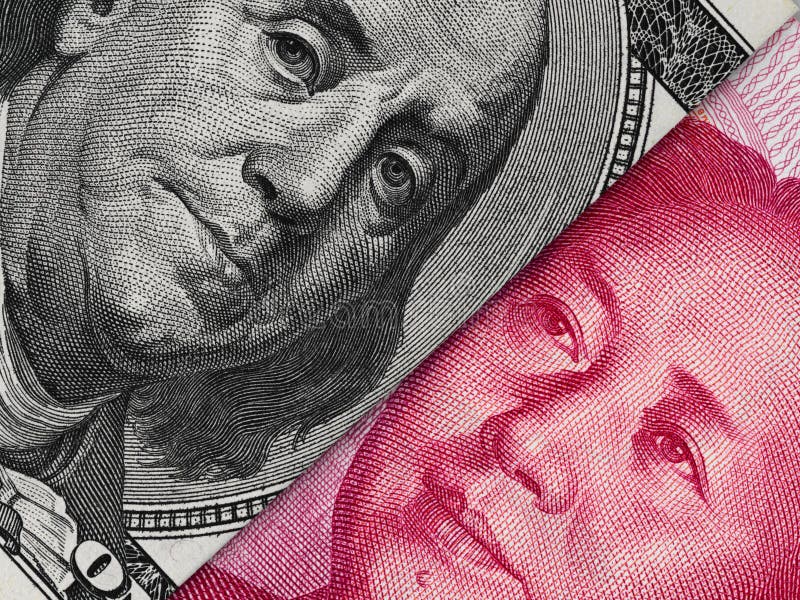 US dollar bill and China yuan banknote macro, Chinese and USA economy finance trade concept, money closeup