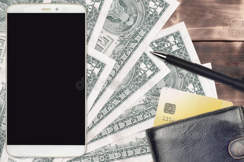 1 US dollar bills and smartphone with purse and credit card. E-payments or e-commerce concept. Online shopping and business with portable devices usage. 1 US dollar bills and smartphone with purse and credit card. E-payments or e-commerce concept. Online shopping and business with portable devices usage