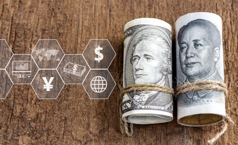 US dollar versus china yuan banknote with icon virtual on the wooden table. The concept of business growth, financial or trade war vector illustration US dollar versus china yuan banknote with icon virtual on the wooden table. The concept of business growth, financial or trade war vector illustration