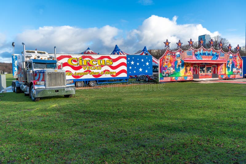 US flag decorated car colors parked in front Circus tent and entrance. US flag decorated car colors parked in front Circus tent and entrance