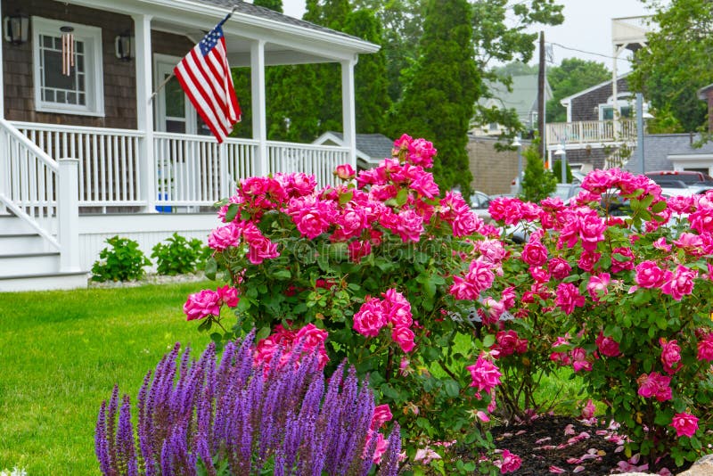 US Flag House Flowers Garden Padnaram Village Dartmouth Massachusetts