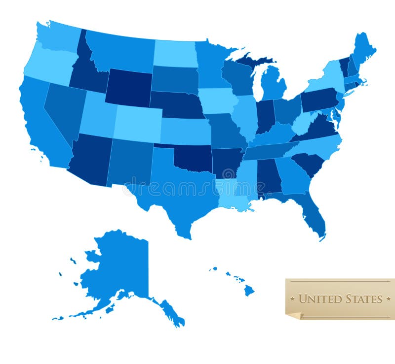 Mappa Stati Uniti mappa con tutti i 50 stati, di colore blu isolato su bianco Vettoriale.