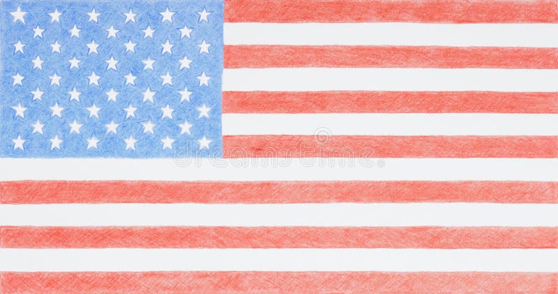 The US national flag hand-drawn with colored pencils on white paper. Light patriotic background, wallpaper or backdrop. Stars and