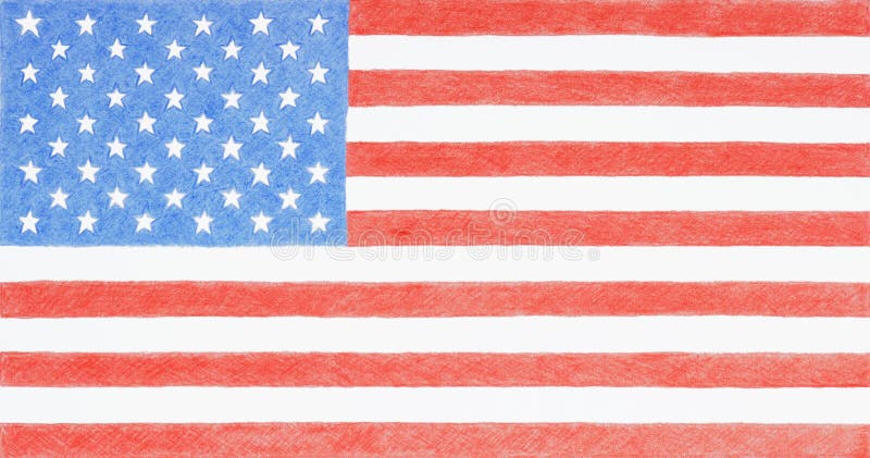The US national flag hand-drawn with colored pencils on white paper. Patriotic background, wallpaper or backdrop. Handmade Stars