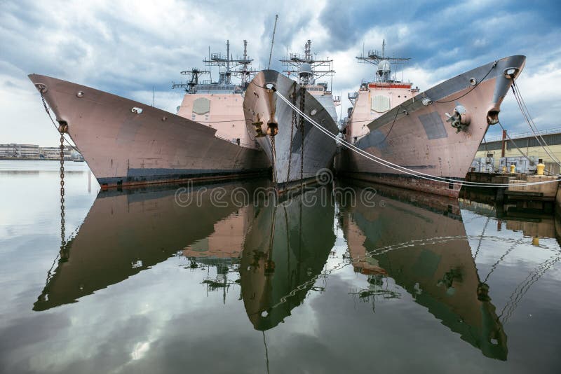 US Navi warships in the dock. Ticonderoga Class Aegis Guided Missile Cruisers