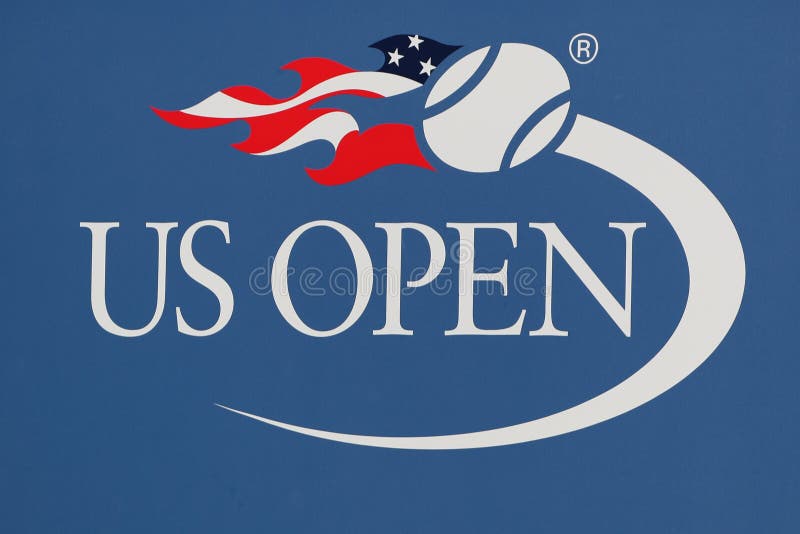NOWY JORK, SIERPIEŃ - 29, 2016: US Open logo przy Billie Cajgowego królewiątka tenisa Krajowym centrum w Nowy Jork US Open jest definitywnym tenisem ważnym zawierający wielkiego szlema każdego roku