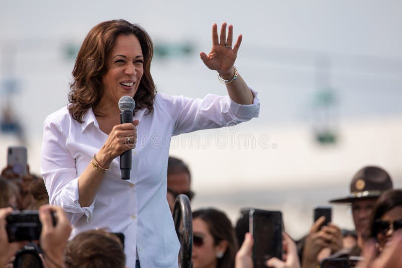 Des Moines, Iowa / USA - August 10, 2019: United States Senator and Democratic presidential candidate Kamala Harris greets supporters at the Iowa State Fair political soapbox in Des Moines, Iowa. Des Moines, Iowa / USA - August 10, 2019: United States Senator and Democratic presidential candidate Kamala Harris greets supporters at the Iowa State Fair political soapbox in Des Moines, Iowa