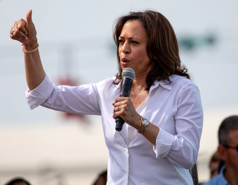 Des Moines, Iowa / USA - August 10, 2019: United States Senator and Democratic presidential candidate Kamala Harris greets supporters at the Iowa State Fair political soapbox in Des Moines, Iowa. Des Moines, Iowa / USA - August 10, 2019: United States Senator and Democratic presidential candidate Kamala Harris greets supporters at the Iowa State Fair political soapbox in Des Moines, Iowa