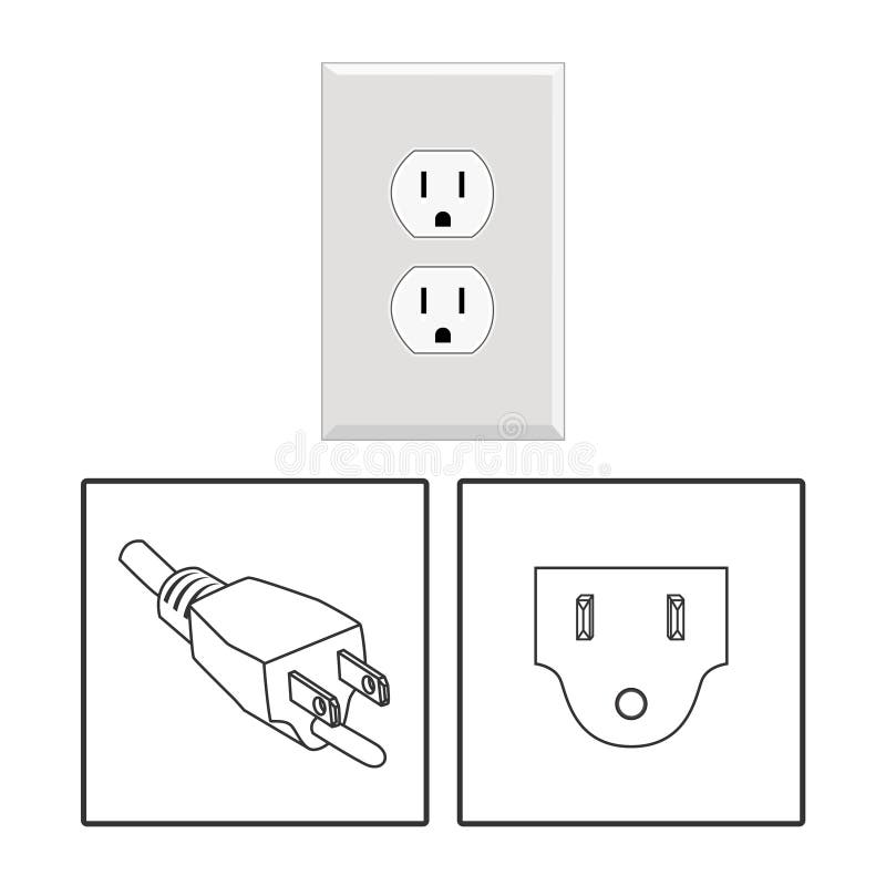 US socket and plug. Icon set. Three pin socket sheme isolated vector graphic illustration. simple diagram electrical appliance plug 3 pin plug socket