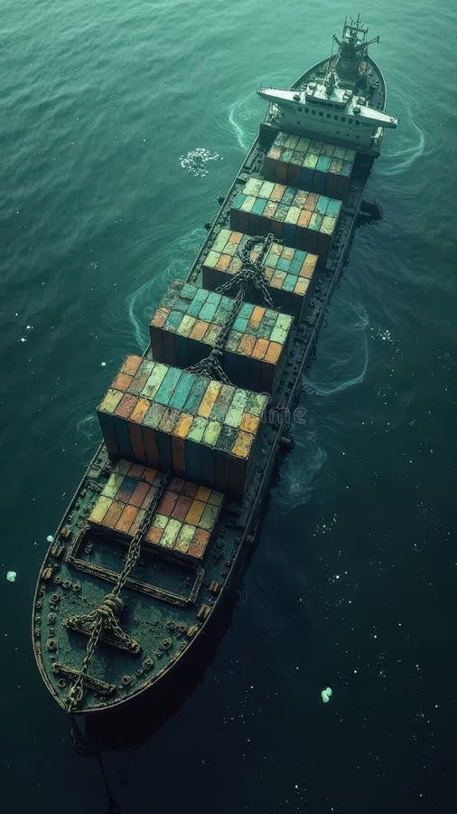 Aerial view of large cargo ship with multicolored containers in ocean stock photos