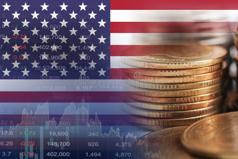 USA America flag with stock market finance, economy trend graph digital technology