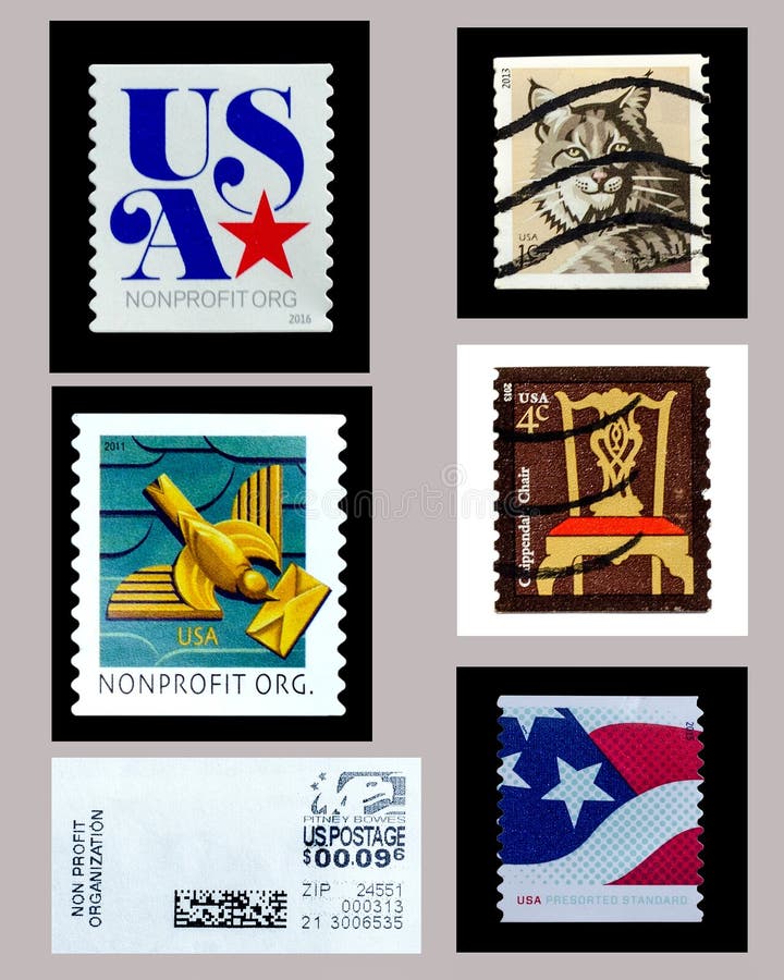 USA använda portostämpelsamlingar stock illustrationer USA använda portostämpelsamlingar stock illustrationer
