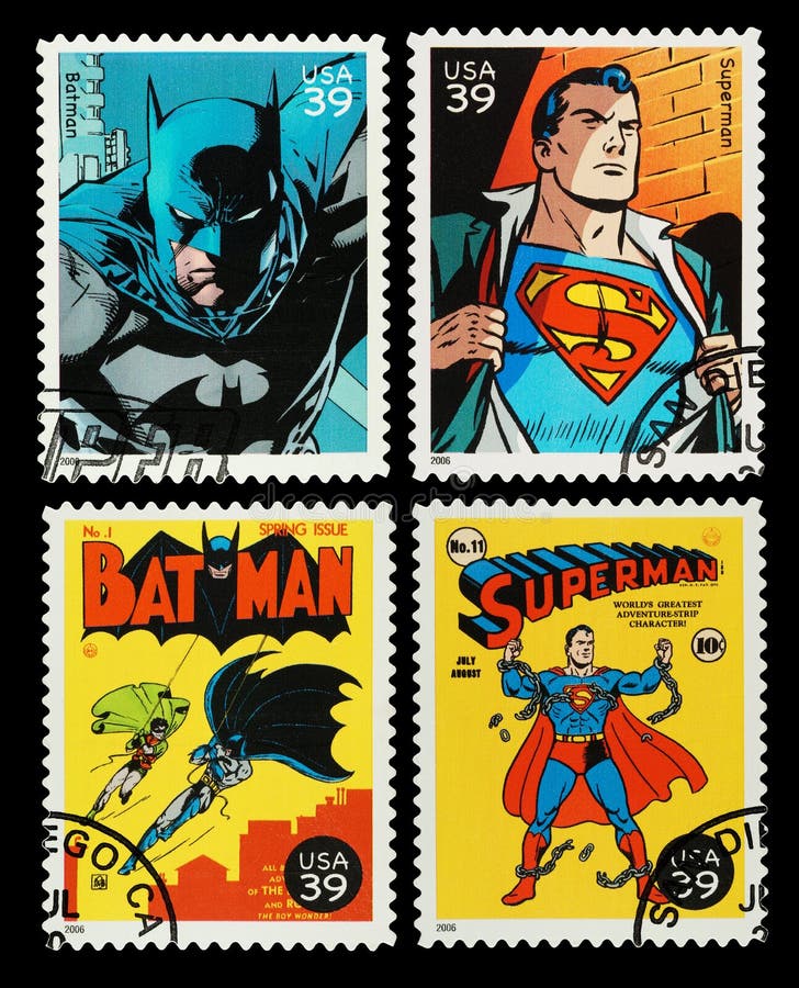 United States Postage Stamps showing the Superheroes Batman and Superman, circa 2006. United States Postage Stamps showing the Superheroes Batman and Superman, circa 2006