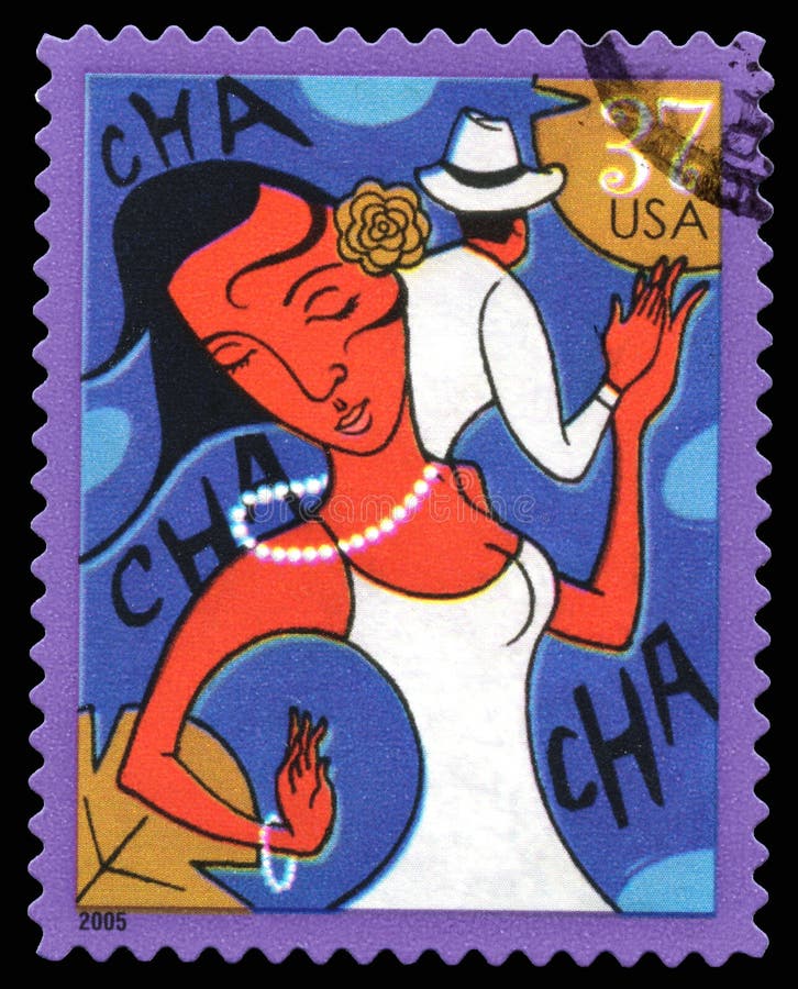 London, UK, July 30 2014 - Vintage 2005 United States of America cancelled postage stamp showing an abstract image of a couple dancing the Cha Cha. London, UK, July 30 2014 - Vintage 2005 United States of America cancelled postage stamp showing an abstract image of a couple dancing the Cha Cha