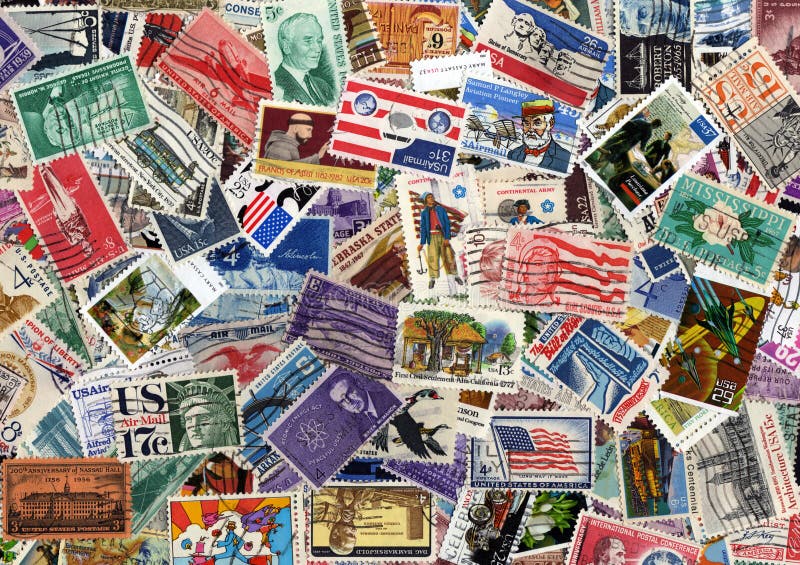 A large USA postage stamp collection background. A large USA postage stamp collection background