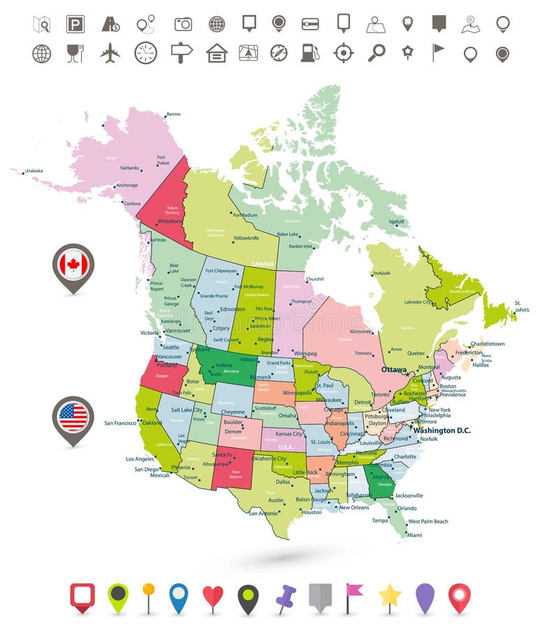 USA and Canada detailed political map with flags and navigation stock illustration USA and Canada detailed political map with flags and navigation stock illustration