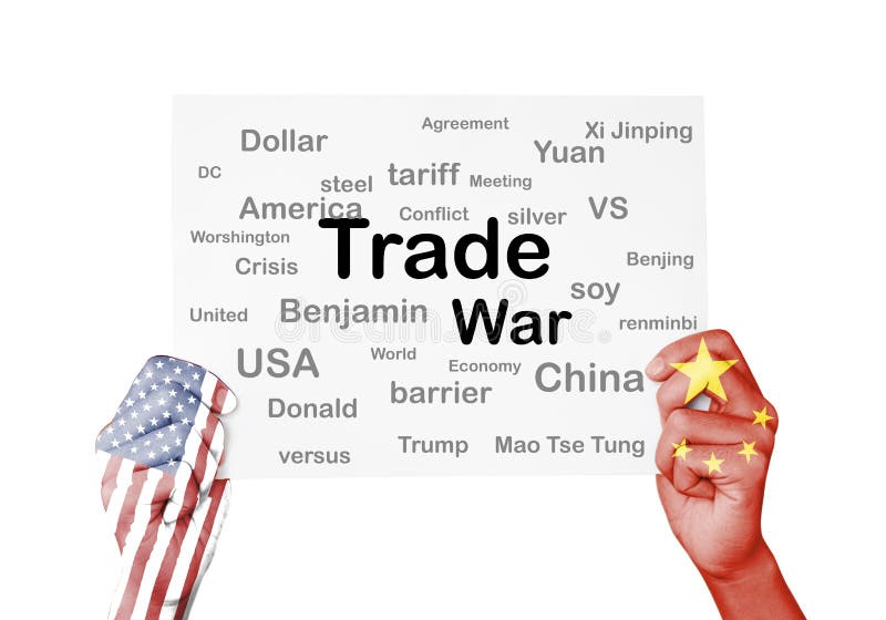 USA and China flag print screen on hand which holding and rise up trade war keyword.It is symbol of economic tariffs trade war and