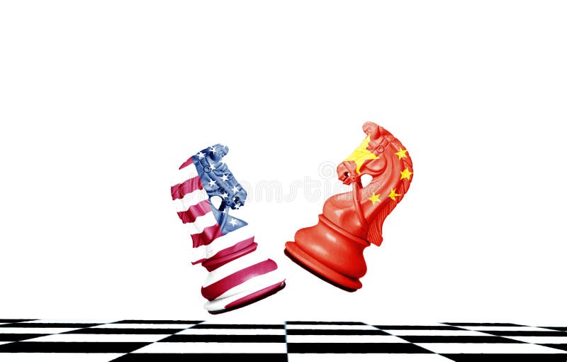 USA and China flag print screen on horse chess with white background.It is symbol of economic tariffs trade war tax barrier stock images USA and China flag print screen on horse chess with white background.It is symbol of economic tariffs trade war tax barrier stock images