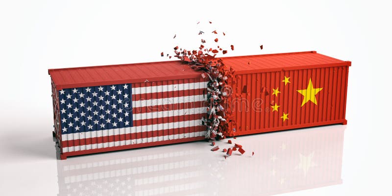 USA and China trade war. US of America and chinese flags crashed containers isolated on white background. stock illustration USA and China trade war. US of America and chinese flags crashed containers isolated on white background. stock illustration