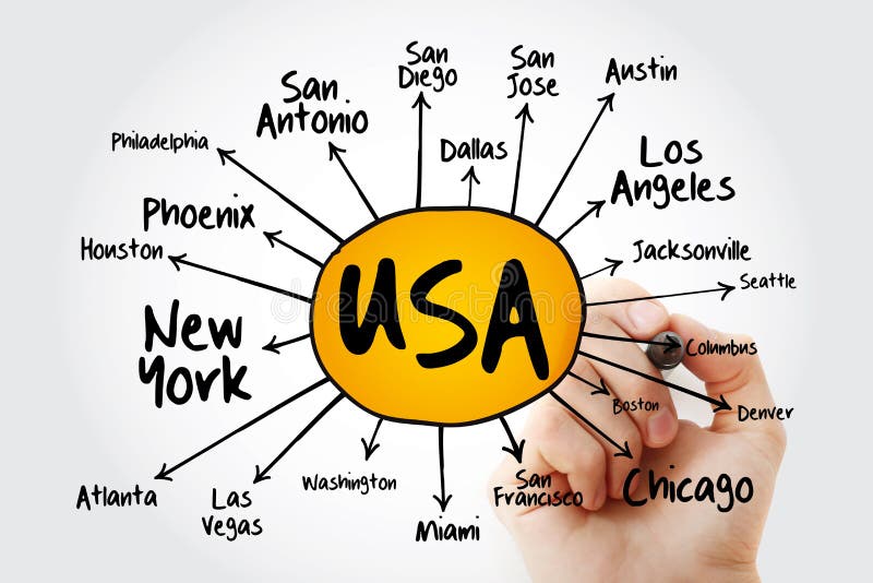 USA cities mind map flowchart with marker, travel business concept for presentations and reports. Design mind map stock images, royalty-free photos and pictures