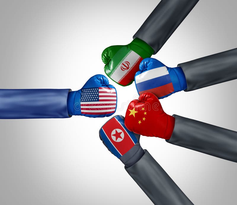 Usa contro russia cina nord corea e iran illustrazione di stock