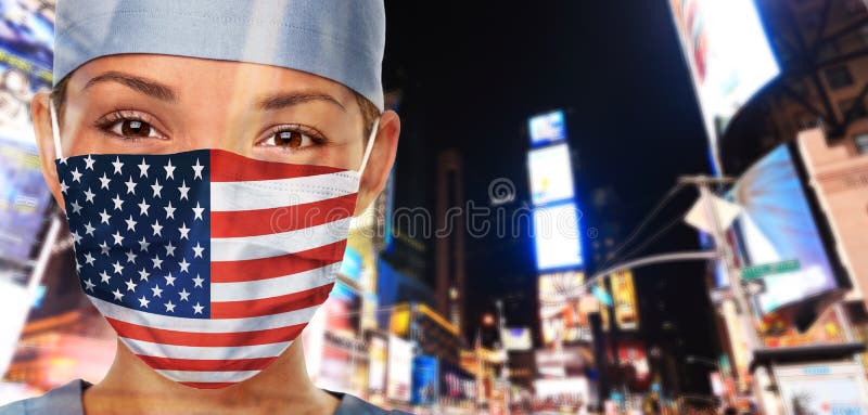 USA Coronavirus outbreak COVID-19 American Asian woman wearing mask in the United States of America flag print on doctor royalty free stock photo USA Coronavirus outbreak COVID-19 American Asian woman wearing mask in the United States of America flag print on doctor royalty free stock photo