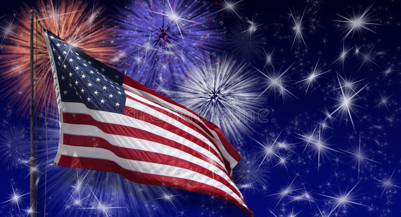Eine USA-Flagge am fahnenmast mit Feuerwerk, stars und dunklen blauen Himmel im hintergrund, ein Konzept für den 4.