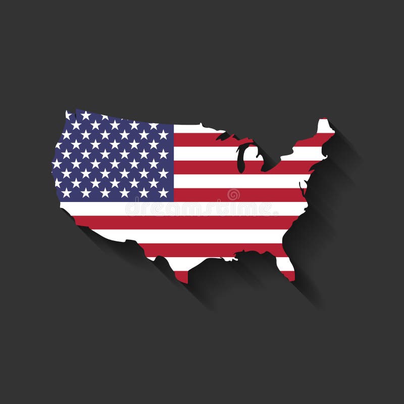 USA flag in a shape of US map silhouette. United States of America symbol. Vector illustration with dropped long shadow on dark grey background. USA flag in a shape of US map silhouette. United States of America symbol. Vector illustration with dropped long shadow on dark grey background.