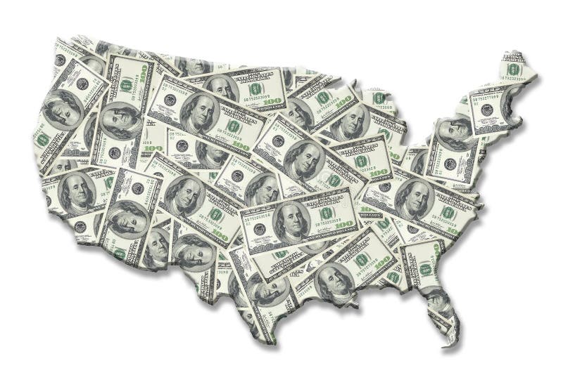 Map of United States of America superimposed on one hundred dollar banknote background over white. Map of United States of America superimposed on one hundred dollar banknote background over white