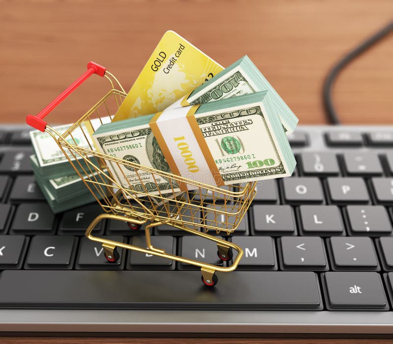 USA hundra dollarräkningar och shoppingvagn med kreditkorten på th vektor illustrationer USA hundra dollarräkningar och shoppingvagn med kreditkorten på th vektor illustrationer