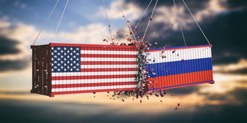 USA i Rosja wojna handlowa USA Ameryka i rosjanina flaga rozbijał zbiorniki na niebie przy zmierzchu tłem ilustracja 3 d ilustracji USA i Rosja wojna handlowa USA Ameryka i rosjanina flaga rozbijał zbiorniki na niebie przy zmierzchu tłem ilustracja 3 d ilustracji