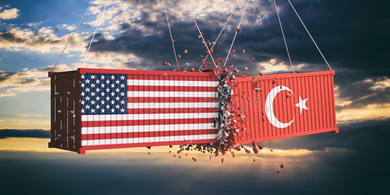 USA i Turcja wojna handlowa USA Ameryka i turecczyzny flaga rozbijał zbiorniki na niebie przy zmierzchu tłem ilustracja 3 d ilustracja wektor USA i Turcja wojna handlowa USA Ameryka i turecczyzny flaga rozbijał zbiorniki na niebie przy zmierzchu tłem ilustracja 3 d ilustracja wektor