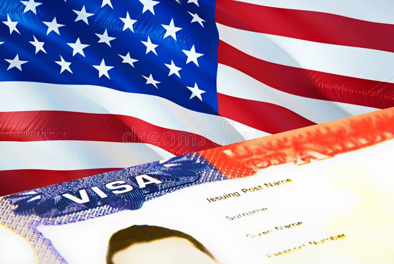 USA immigration document close up. Passport visa on USA flag. USA visitor visa in passport,3D rendering. USA multi entrance visa stock illustration