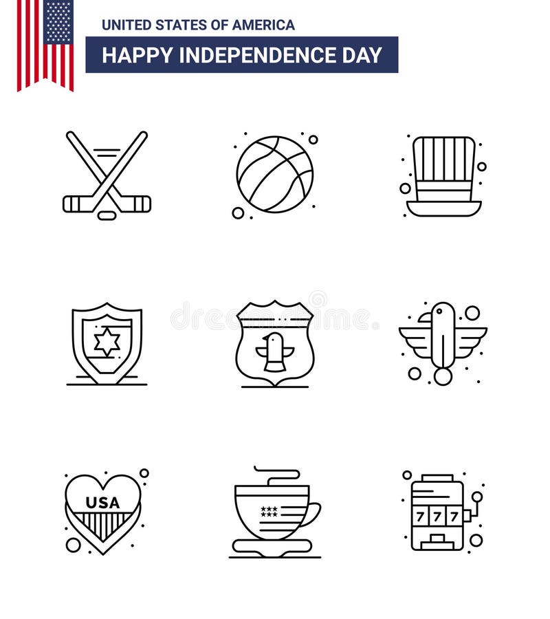 Šťastný nezávislost 9 vedení ikona zabalit pavučina a vytisknout americký štít americký upravitelné spojené státy americké vektor prvky.
