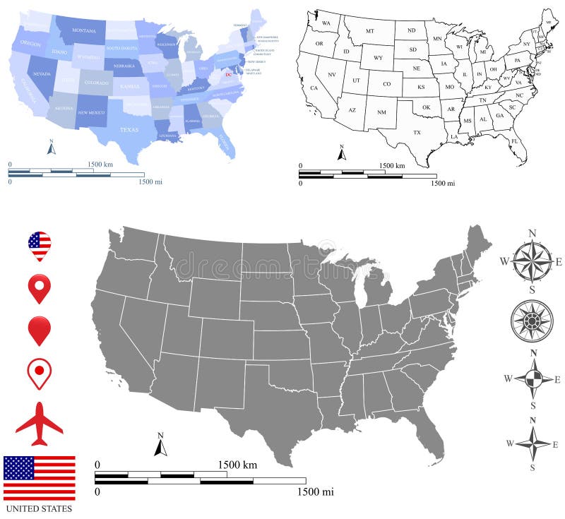 USA Map Vector Outline With Scales Of Miles And Kilometers In Different Designs Stock Vector
