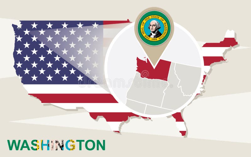 USA mapa z powiększającym stan washington Waszyngton mapa i flaga ilustracja wektor USA mapa z powiększającym stan washington Waszyngton mapa i flaga ilustracja wektor