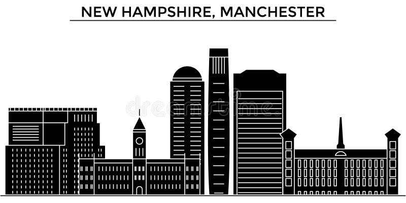 Usa, New Hampshire, Manchester architecture vector city skyline, black cityscape with landmarks, isolated sights on background. Usa, New Hampshire, Manchester architecture vector city skyline, black cityscape with landmarks, isolated sights on background