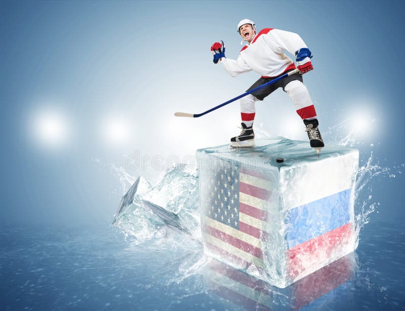 USA Russia Game. Spunky Hockey Player on Ice Cube Stock Photo Image